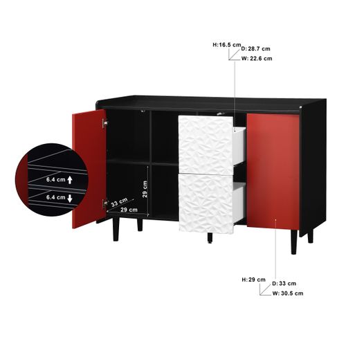 Buffet Noir Avec Portes Rouges, 2 Tiroirs Et Niches Ouvertes – Meuble De Rangement Moderne 120 cm