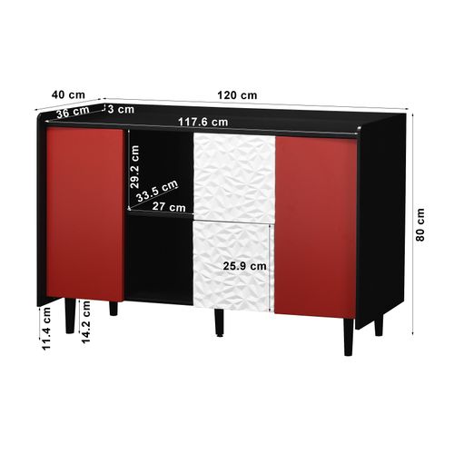 Buffet Noir Avec Portes Rouges, 2 Tiroirs Et Niches Ouvertes – Meuble De Rangement Moderne 120 cm