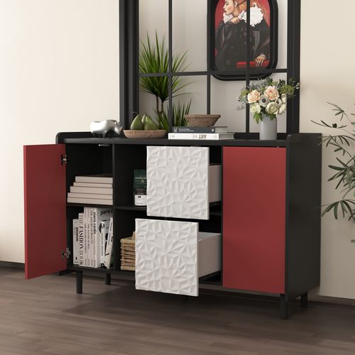 Buffet Noir Avec Portes Rouges, 2 Tiroirs Et Niches Ouvertes – Meuble De Rangement Moderne 120 cm