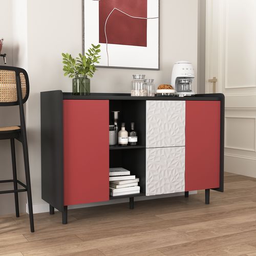 Buffet Noir Avec Portes Rouges, 2 Tiroirs Et Niches Ouvertes – Meuble De Rangement Moderne 120 cm