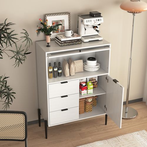 Buffet En Bois Avec 3 Tiroirs, 1 Porte Pleine Et 1 Porte Vitrée – Meuble De Rangement 120 cm