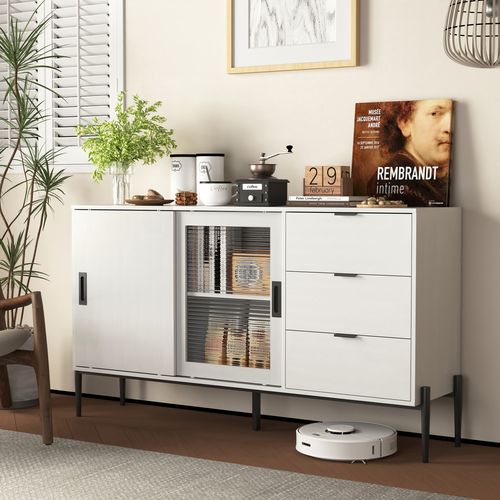 Buffet Blanc Avec Portes En Verre Cannelé Et 3 Tiroirs – Meuble D’entrée Ou De Cuisine Moderne