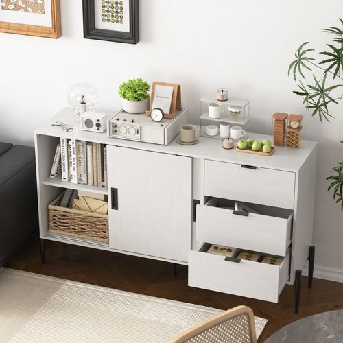 Buffet Blanc Avec Portes En Verre Cannelé Et 3 Tiroirs – Meuble D’entrée Ou De Cuisine Moderne