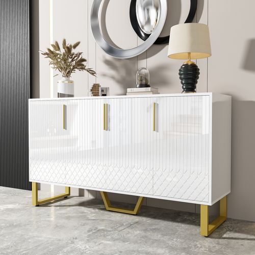 Buffet Blanc Brillant 4 Portes Avec Poignées Et Pieds En Métal – Design Géométrique Moderne
