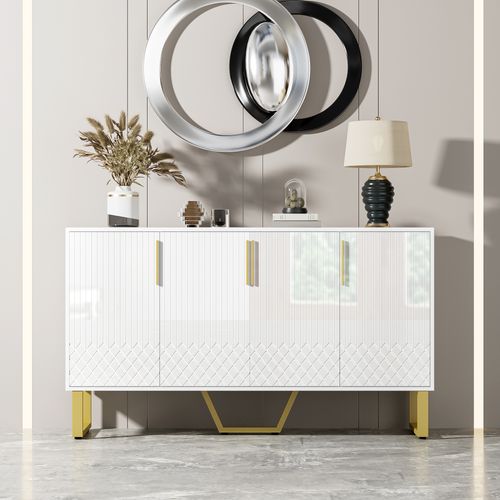 Buffet Blanc Brillant 4 Portes Avec Poignées Et Pieds En Métal – Design Géométrique Moderne