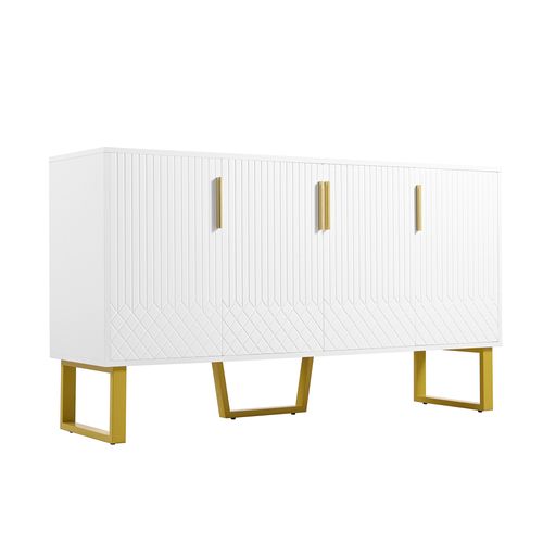 Buffet Blanc Brillant 4 Portes Avec Poignées Et Pieds En Métal – Design Géométrique Moderne