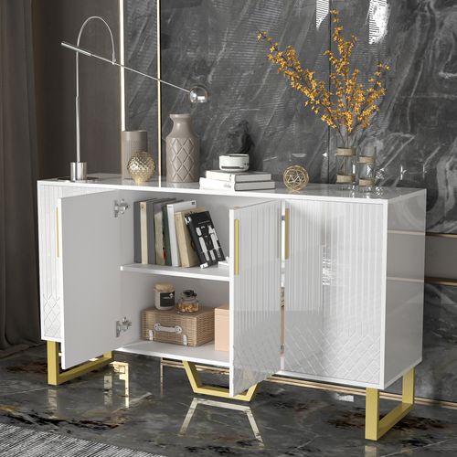 Buffet Blanc Brillant 4 Portes Avec Poignées Et Pieds En Métal – Design Géométrique Moderne