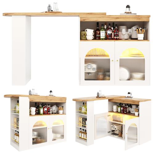 Table De Bar Extensible 138-193 Cm Avec LED, Étagères Et Rotation 360°, Blanc Moderne