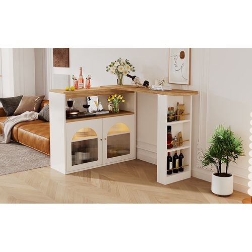 Table De Bar Extensible 138-193 Cm Avec LED, Étagères Et Rotation 360°, Blanc Moderne