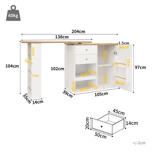 Table De Bar Pivotant à 360° Avec Tiroirs Et Étagères, 105×39×102 Cm, Blanc Et Noir