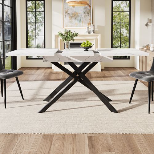 Table à Manger Extensible 120-160 Cm Marbrée Blanche Avec Pieds Croisés Noirs