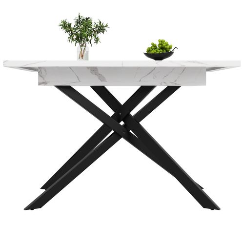 Table à Manger Extensible 120-160 Cm Marbrée Blanche Avec Pieds Croisés Noirs