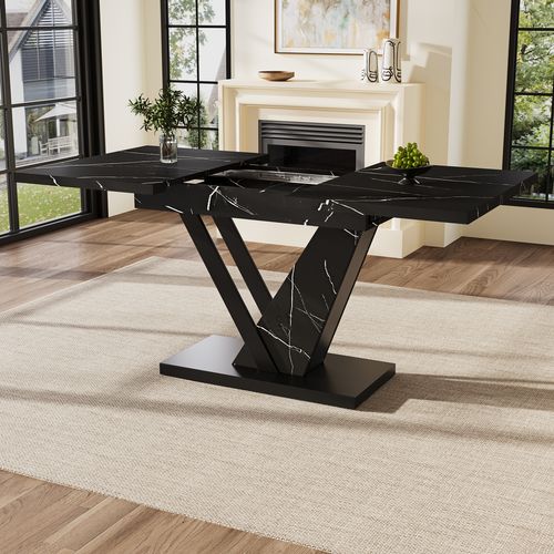 Table à Manger Extensible 120-160 Cm Motif Marbre Noir, Pieds Métalliques