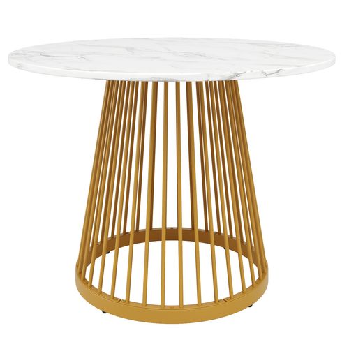 Table Ronde 80x80x76 Cm Plateau Marbré Mdf Pieds Métalliques Dorés