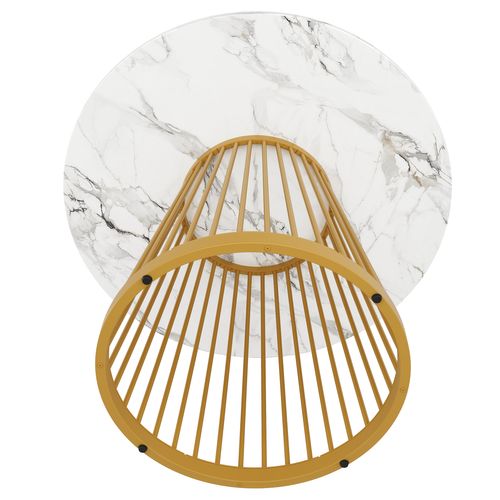 Table Ronde 80x80x76 Cm Plateau Marbré Mdf Pieds Métalliques Dorés