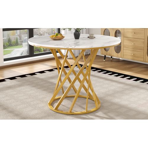 Table Ronde 80x80x76 Cm Avec Plateau Marbré Mdf Et Pieds Métalliques Dorés