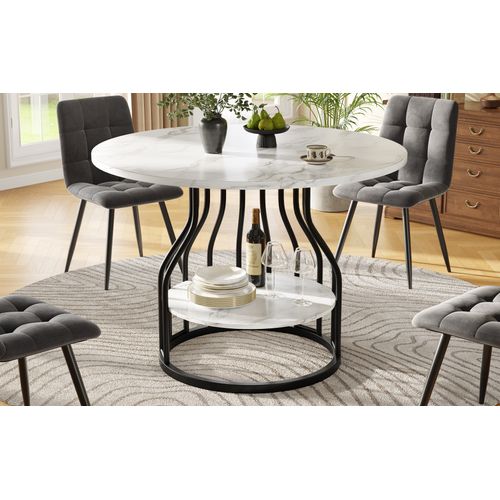 Table Ronde 80x80x76 Cm Avec Plateau Effet Marbre Mdf Et Rangement Intégré Noir