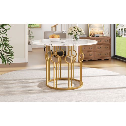 Table Ronde 100x100x76 Cm Avec Plateau Effet Marbre Mdf Et Pieds Dorés En Métal