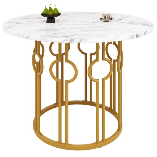 Table Ronde 100x100x76 Cm Avec Plateau Effet Marbre Mdf Et Pieds Dorés En Métal