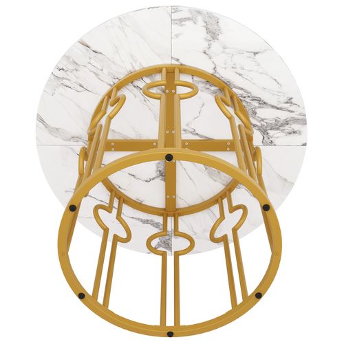 Table Ronde 100x100x76 Cm Avec Plateau Effet Marbre Mdf Et Pieds Dorés En Métal