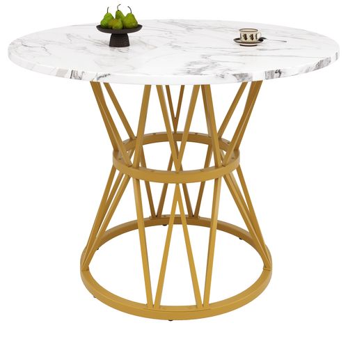 Table Ronde 100x100x76 Cm Effet Marbre Mdf, Pieds Métal Dorés, Design Élégant