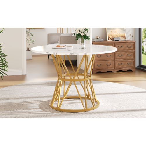 Table Ronde 100x100x76 Cm Effet Marbre Mdf, Pieds Métal Dorés, Design Élégant