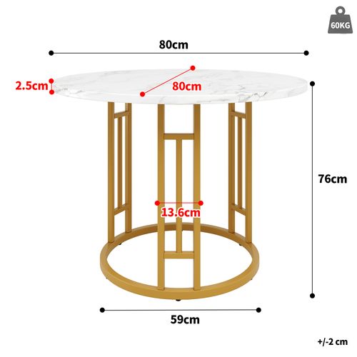 Table Ronde 80x80x76 Cm Avec Plateau Effet Marbre Et Pieds Dorés Pour 4 Personnes