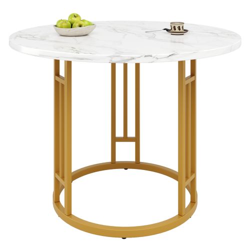 Table Ronde 80x80x76 Cm Avec Plateau Effet Marbre Et Pieds Dorés Pour 4 Personnes
