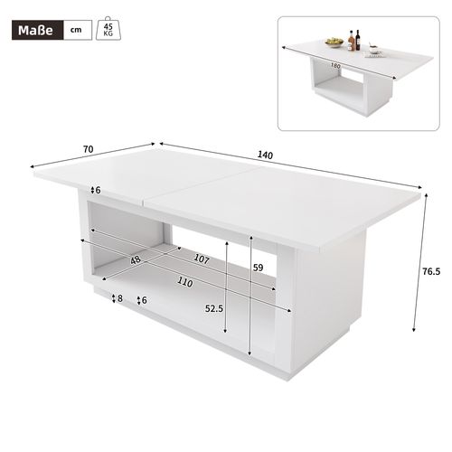 Table à Manger Extensible Blanche 140/180×70×76,5 Cm, Design Moderne Carré