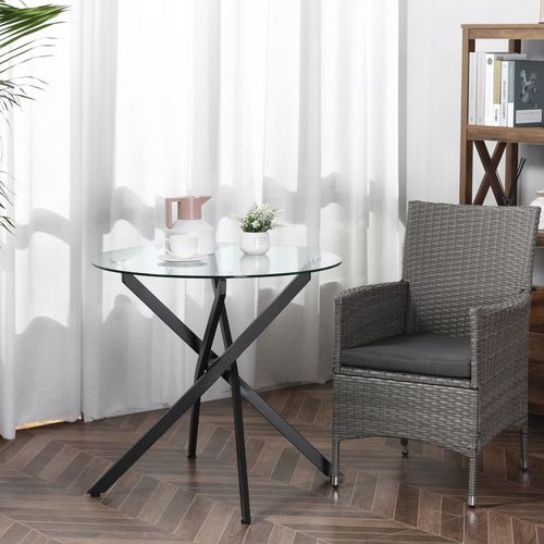 Table Ronde Noire En Verre Trempé Ø80 Cm, Style Moderne Avec Pieds Croisés En Métal