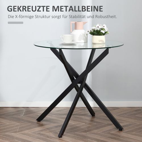Table Ronde Noire En Verre Trempé Ø80 Cm, Style Moderne Avec Pieds Croisés En Métal