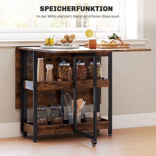 Table à Manger Pliante Avec 2 Étagères Ouvertes, Extensible 2-4 Personnes, Marron 133x80 Cm