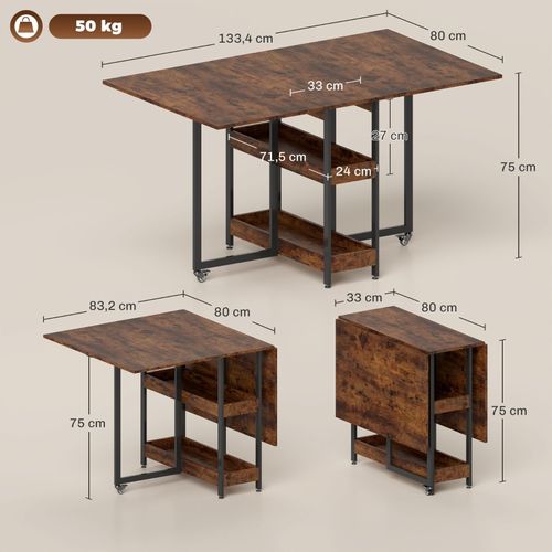 Table à Manger Pliante Avec 2 Étagères Ouvertes, Extensible 2-4 Personnes, Marron 133x80 Cm