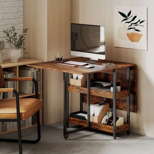 Table à Manger Pliante Avec 2 Étagères Ouvertes, Extensible 2-4 Personnes, Marron 133x80 Cm