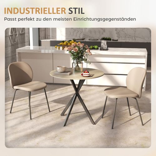 Table Ronde Style Industriel Ø80 Cm, 2 Personnes, Plateau Effet Chêne Et Pieds En Acier