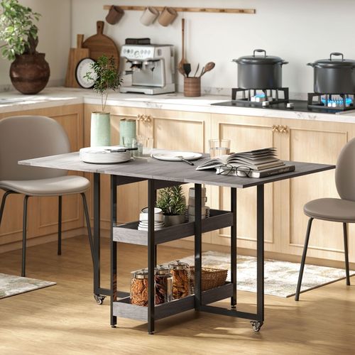 Table à Manger Pliante Avec 2 Étagères Ouvertes, Extensible 2-4 Personnes, Gris 133x80 Cm