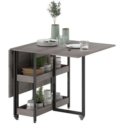 Table à Manger Pliante Avec 2 Étagères Ouvertes, Extensible 2-4 Personnes, Gris 133x80 Cm