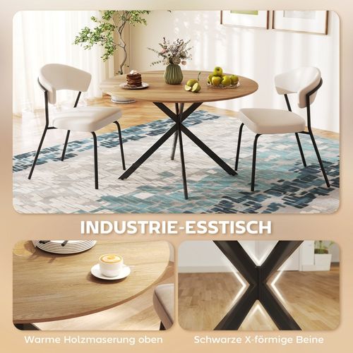 Table à Manger Ronde Ø120 Cm Style Industriel Pour 4 Personnes, Chêne Et Acier