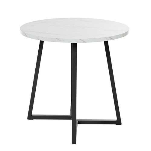 Table Ronde Design En Mdf Effet Marbre, Piètement Métal Blanc Et Noir, Ø80 Cm