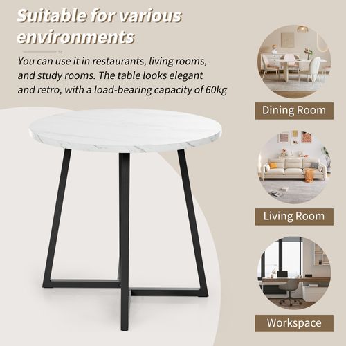 Table Ronde Design En Mdf Effet Marbre, Piètement Métal Blanc Et Noir, Ø80 Cm