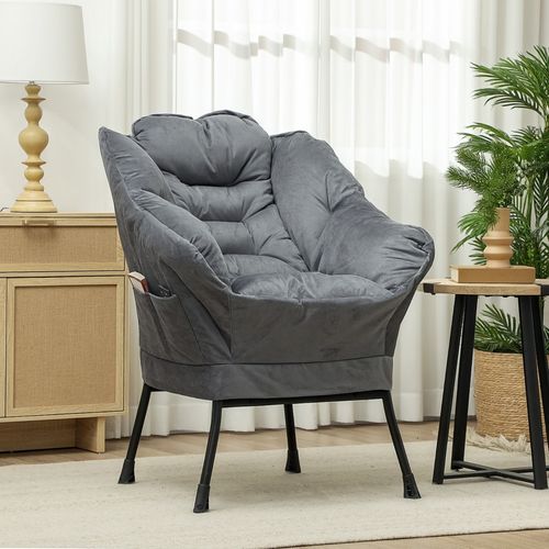 Fauteuil Lounge Gris Avec Dossier Haut Et Poches Latérales, Pieds En Acier