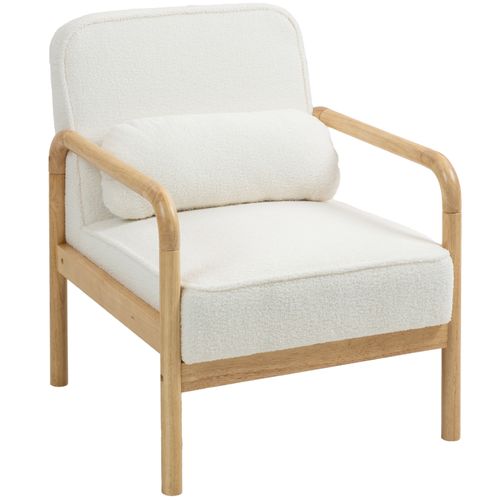 Fauteuil Lounge Blanc En Tissu Bouclé Avec Coussin Et Pieds Bois, Style Moderne