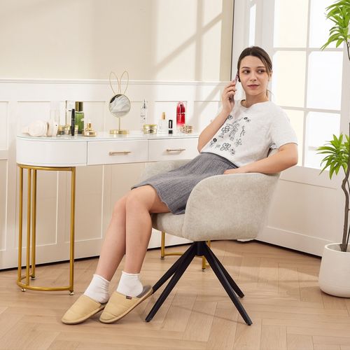 Fauteuil Pivotant Beige En Velours Avec Pieds Métal, Style Moderne Et Dossier Capitonné