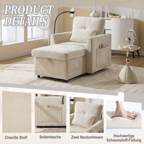 Fauteuil Paresseux Multifonctionnel Avec Dossier Rabattable, Tissu Chenille, Beige