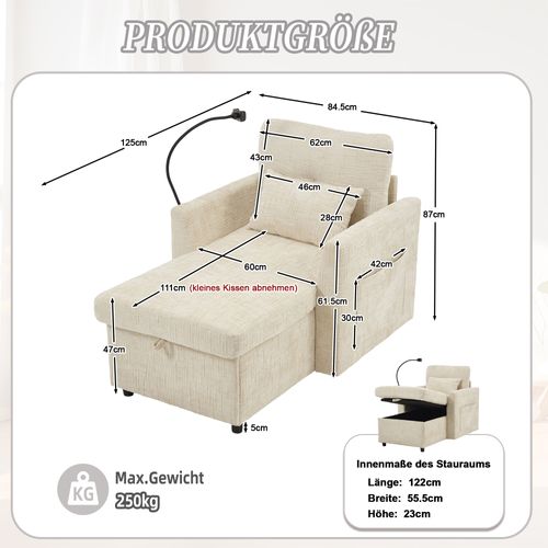 Fauteuil Paresseux Multifonctionnel Avec Dossier Rabattable, Tissu Chenille, Beige