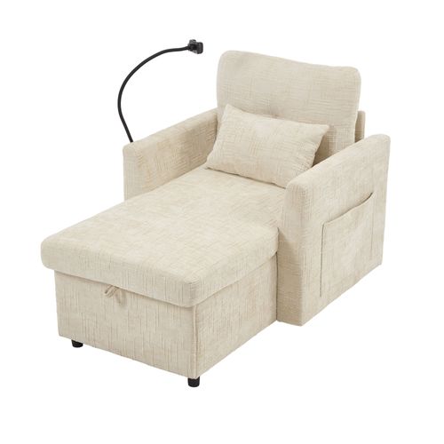 Fauteuil Paresseux Multifonctionnel Avec Dossier Rabattable, Tissu Chenille, Beige