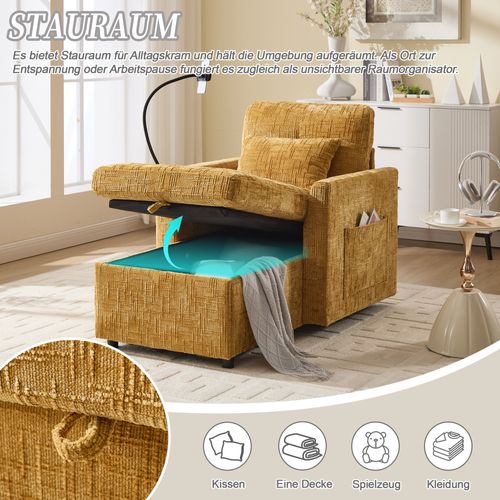 Fauteuil Paresseux Multifonctionnel Avec Dossier Rabattable, Tissu Chenille, Jaune Moutarde