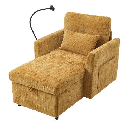 Fauteuil Paresseux Multifonctionnel Avec Dossier Rabattable, Tissu Chenille, Jaune Moutarde