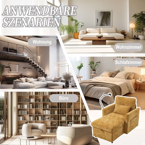 Fauteuil Paresseux Multifonctionnel Avec Dossier Rabattable, Tissu Chenille, Jaune Moutarde