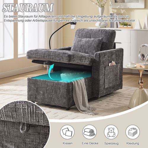 Fauteuil Paresseux Multifonctionnel Avec Dossier Rabattable, Tissu Chenille, Gris